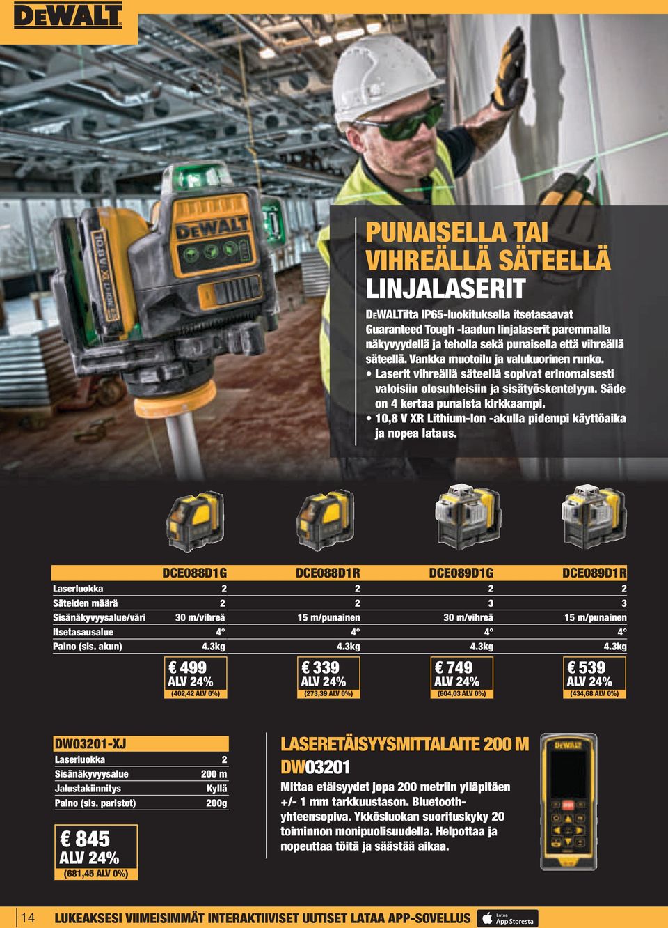 10,8 V XR Lithium-Ion -akulla pidempi käyttöaika ja nopea lataus. DCE088D1G Laserluokka 2 Säteiden määrä 2 Sisänäkyvyysalue/väri 30 m/vihreä Itsetasausalue 4 Paino (sis. akun) 4.