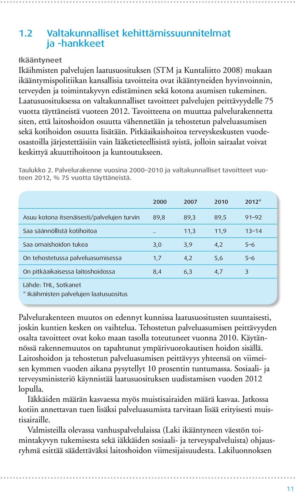 Laatusuosituksessa on valtakunnalliset tavoitteet palvelujen peittävyydelle 75 vuotta täyttäneistä vuoteen 2012.