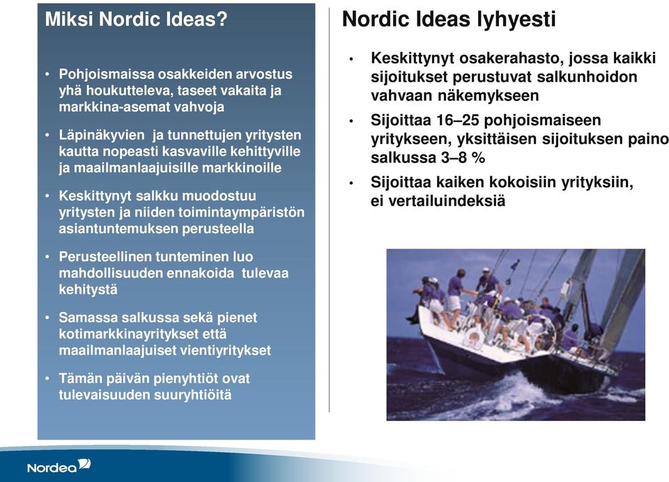 markkinoille Keskittynyt salkku muodostuu yritysten ja niiden toimintaympäristön asiantuntemuksen perusteella Nordic Ideas lyhyesti Keskittynyt osakerahasto, jossa kaikki sijoitukset perustuvat