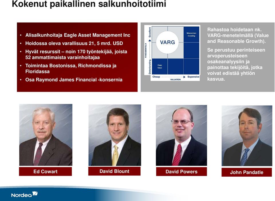 Osa Raymond James Financial -konsernia Rahastoa hoidetaan nk. VARG-menetelmällä (Value and Reasonable Growth).