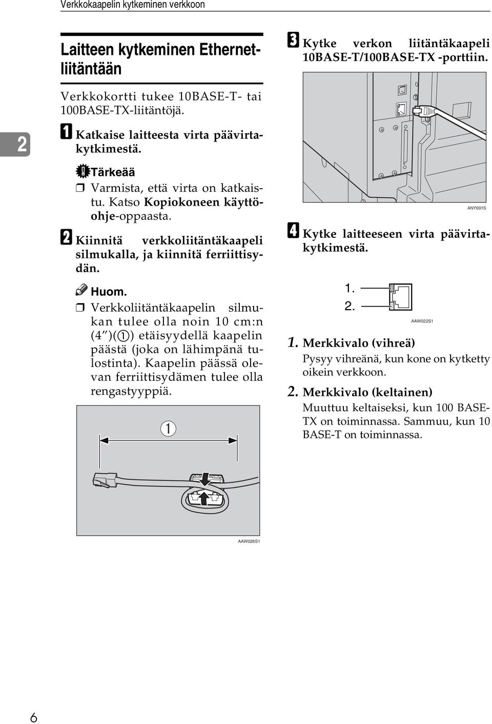 Verkkoliitäntäkaapelin silmukan tulee olla noin 10 cm:n (4 )(A) etäisyydellä kaapelin päästä (joka on lähimpänä tulostinta). Kaapelin päässä olevan ferriittisydämen tulee olla rengastyyppiä.