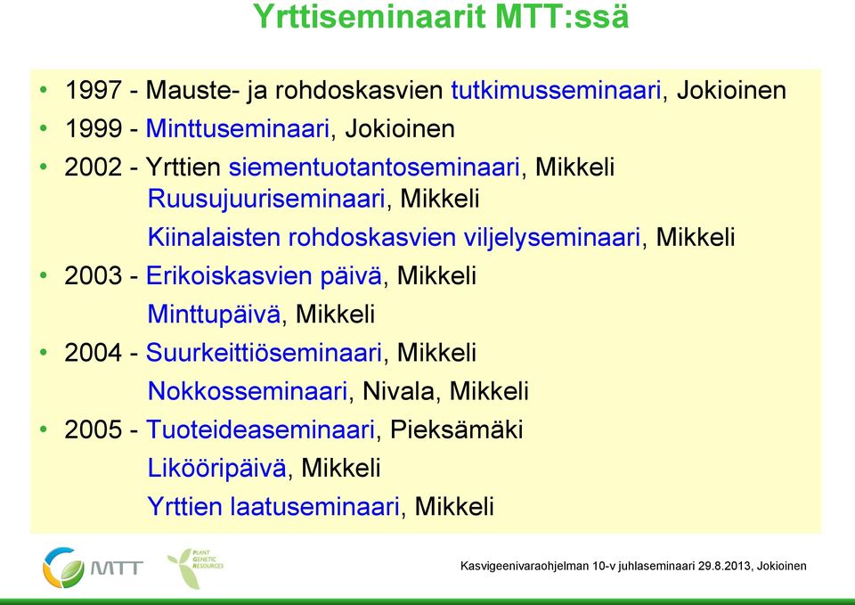 viljelyseminaari, Mikkeli 2003 - Erikoiskasvien päivä, Mikkeli Minttupäivä, Mikkeli 2004 - Suurkeittiöseminaari,