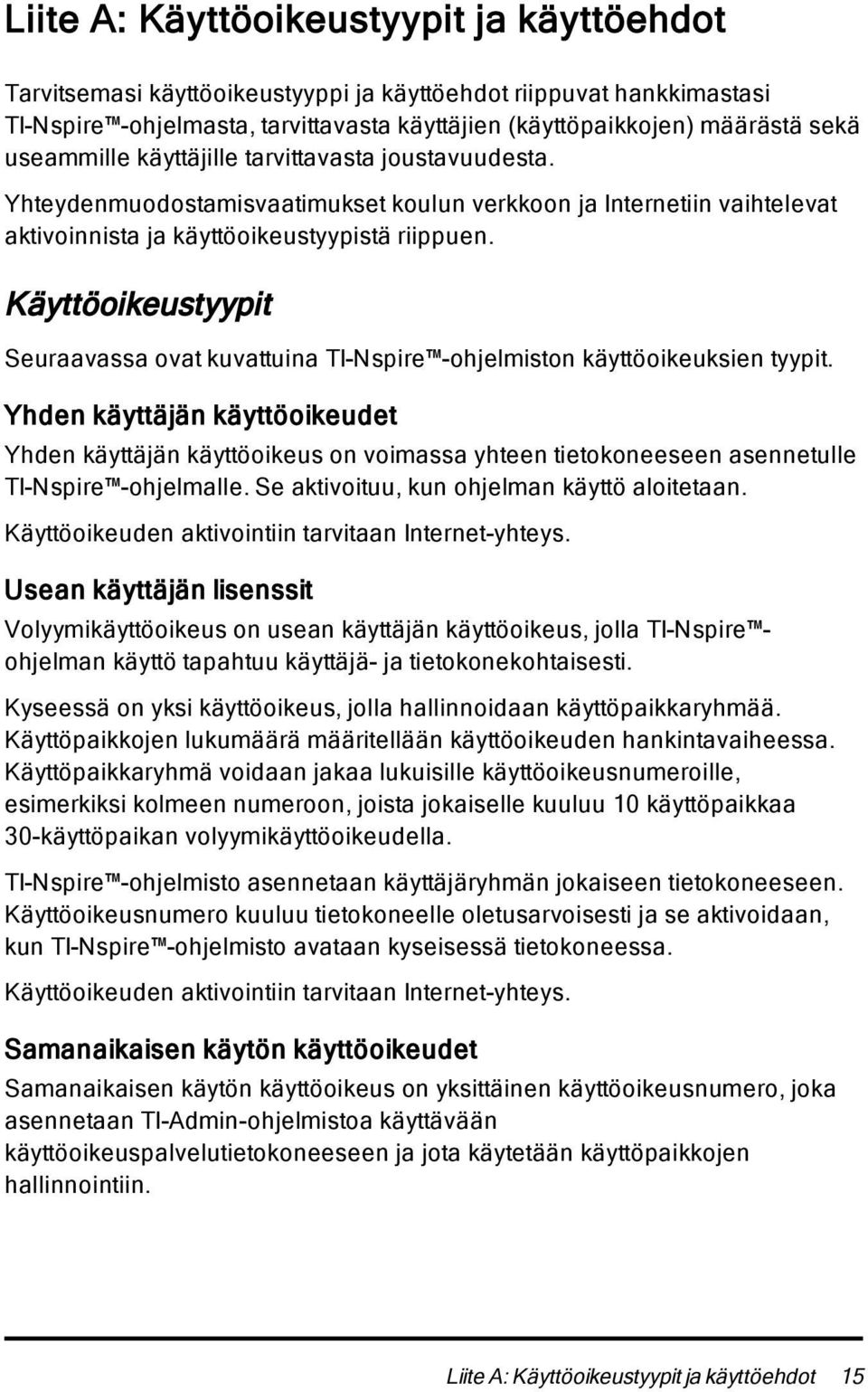 Käyttöoikeustyypit Seuraavassa ovat kuvattuina TI-Nspire -ohjelmiston käyttöoikeuksien tyypit.