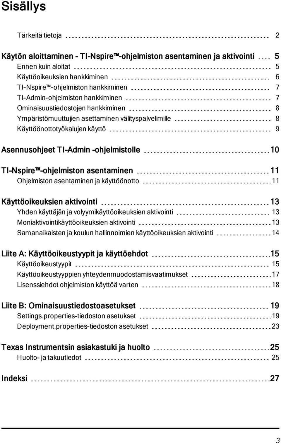 TI-Nspire -ohjelmiston asentaminen 11 Ohjelmiston asentaminen ja käyttöönotto 11 Käyttöoikeuksien aktivointi 13 Yhden käyttäjän ja volyymikäyttöoikeuksien aktivointi 13 Moniaktivointikäyttöoikeuksien