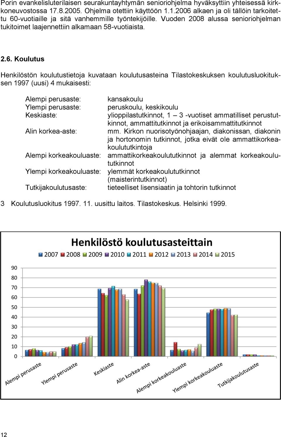 Koulutus Henkilöstön koulutustietoja kuvataan koulutusasteina Tilastokeskuksen koulutusluokituksen 1997 (uusi) 4 mukaisesti: Alempi perusaste: Ylempi perusaste: Keskiaste: Alin korkea-aste: