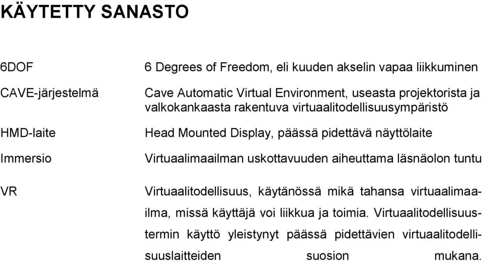 näyttölaite Virtuaalimaailman uskottavuuden aiheuttama läsnäolon tuntu Virtuaalitodellisuus, käytänössä mikä tahansa virtuaalimaailma,