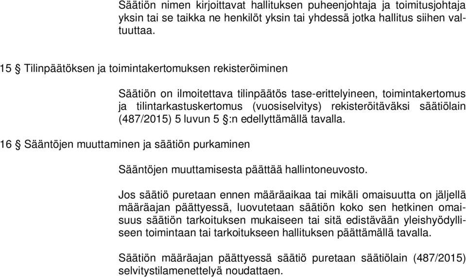 säätiölain (487/2015) 5 luvun 5 :n edellyttämällä tavalla. 16 Sääntöjen muuttaminen ja säätiön purkaminen Sääntöjen muuttamisesta päättää hallintoneuvosto.