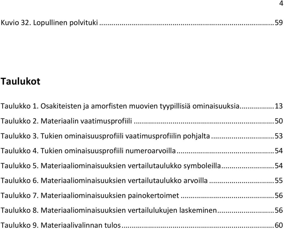 Tukien ominaisuusprofiili numeroarvoilla...54 Taulukko 5. Materiaaliominaisuuksien vertailutaulukko symboleilla...54 Taulukko 6.