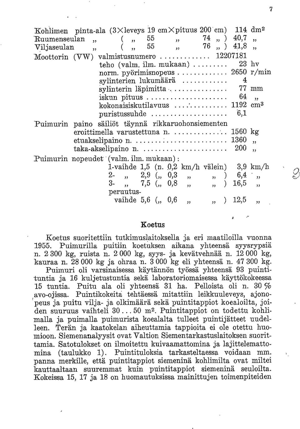 eroittimella varustettuna n. 1560 kg etuakselipaino n. 160 taka-akselipaino n. 200 Puimurin nopeudet (valm. ilm. mukaan) : 1-vaihde 1,5 (n.