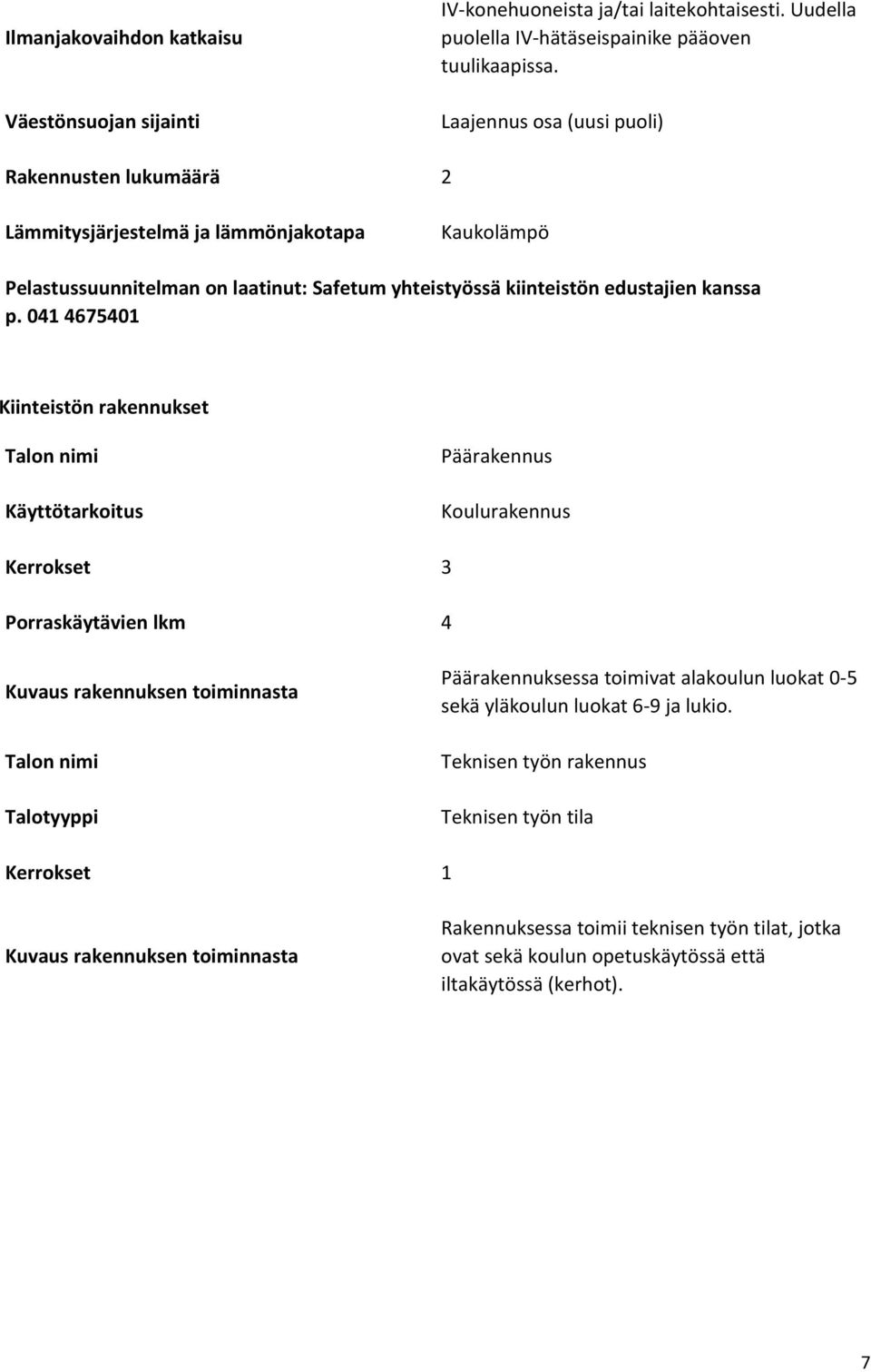 041 4675401 Kiinteistön rakennukset Talon nimi Käyttötarkoitus Päärakennus Koulurakennus Kerrokset 3 Porraskäytävien lkm 4 Kuvaus rakennuksen toiminnasta Talon nimi Talotyyppi Päärakennuksessa