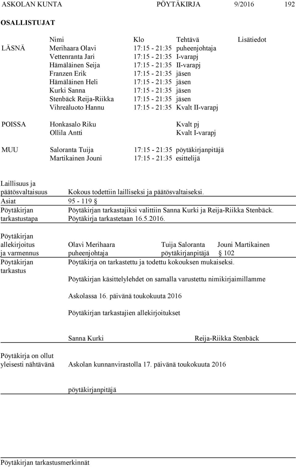 Honkasalo Riku Kvalt pj Ollila Antti Kvalt I-varapj MUU Saloranta Tuija 17:15-21:35 pöytäkirjanpitäjä Martikainen Jouni 17:15-21:35 esittelijä Laillisuus ja päätösvaltaisuus Kokous todettiin