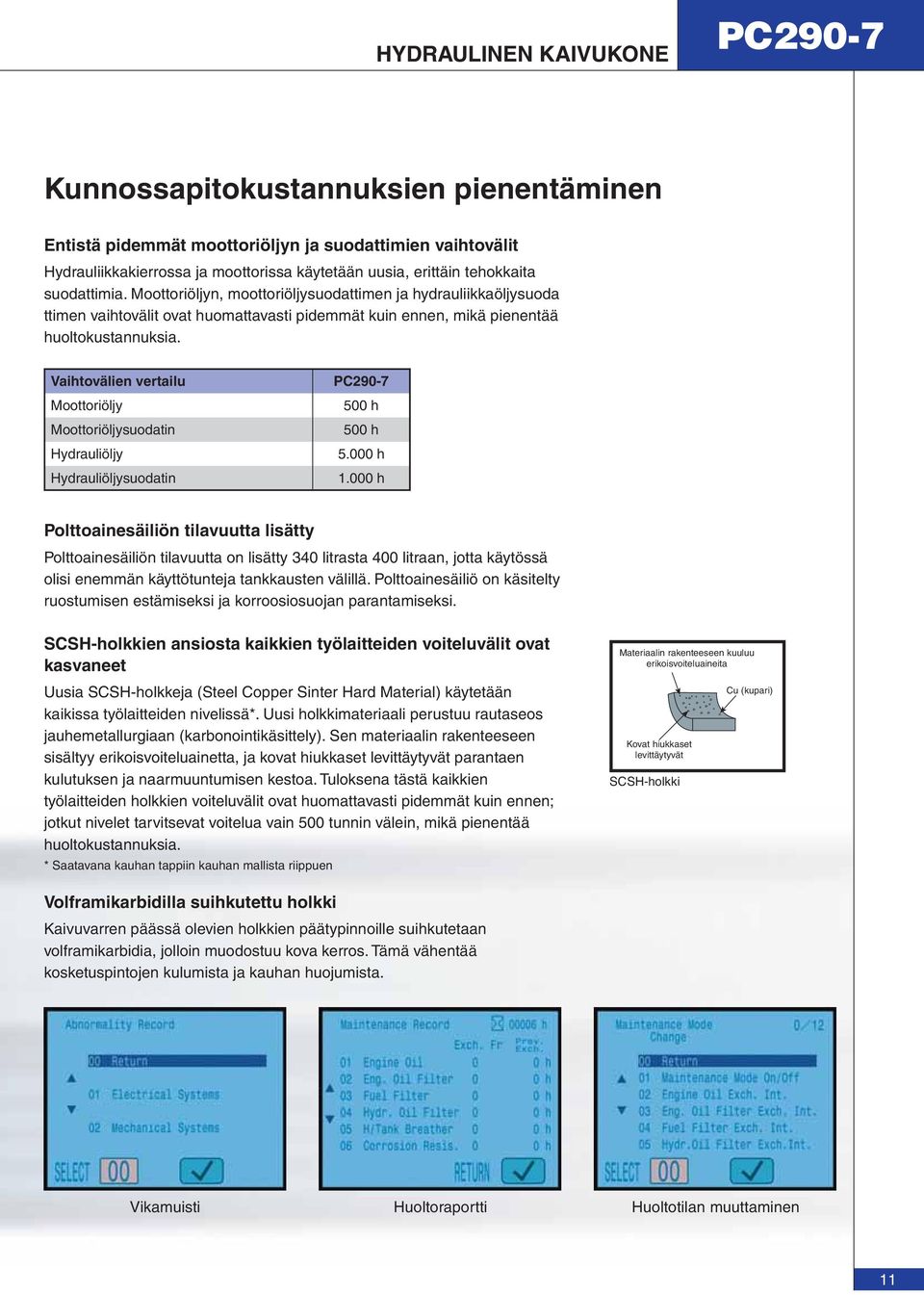 Vaihtovälien vertailu Moottoriöljy Moottoriöljysuodatin Hydrauliöljy Hydrauliöljysuodatin PC290-7 500 h 500 h 5.000 h 1.