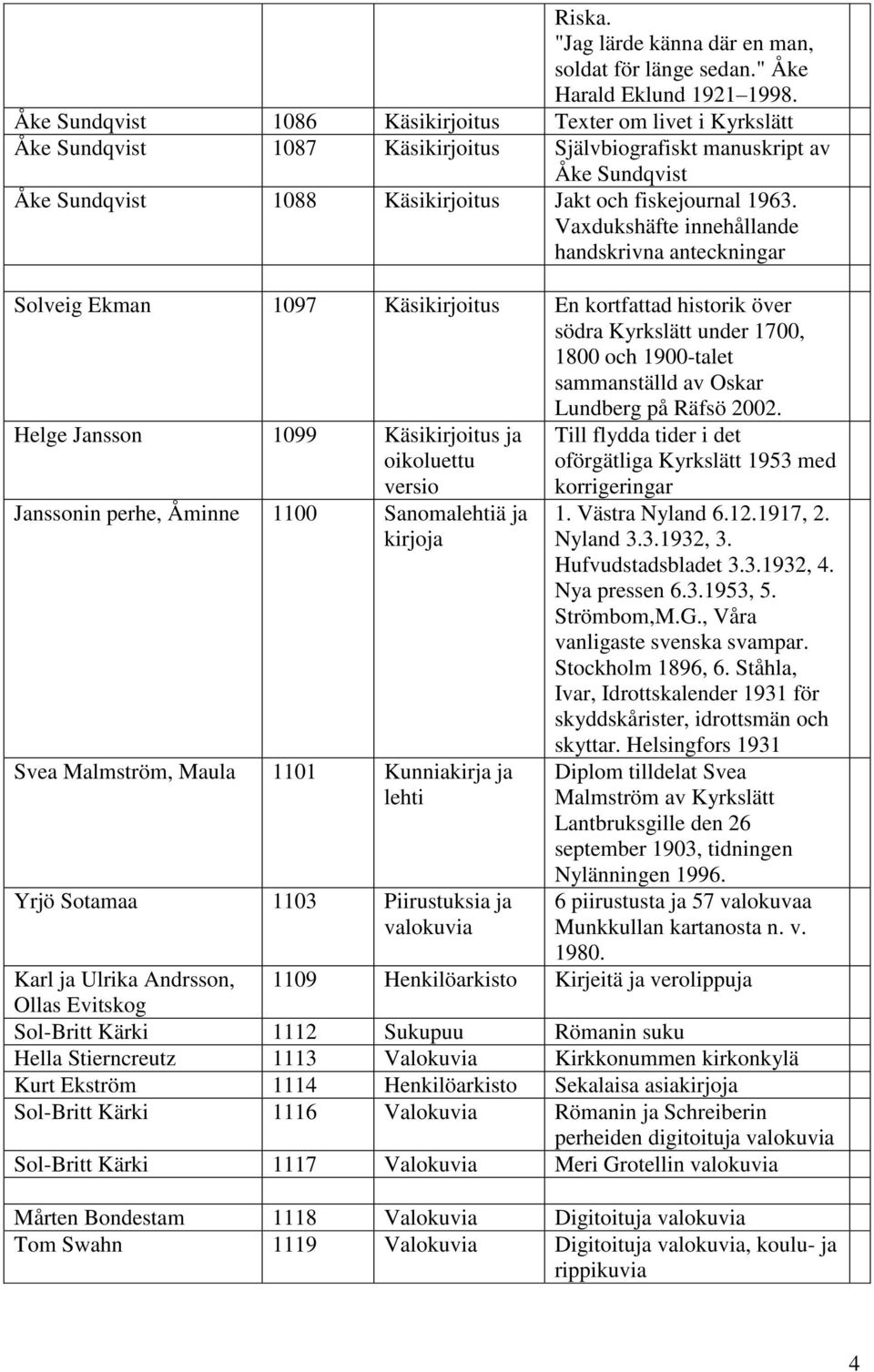 Vaxdukshäfte innehållande handskrivna anteckningar Solveig Ekman 1097 Käsikirjoitus En kortfattad historik över södra Kyrkslätt under 1700, 1800 och 1900-talet sammanställd av Oskar Lundberg på Räfsö