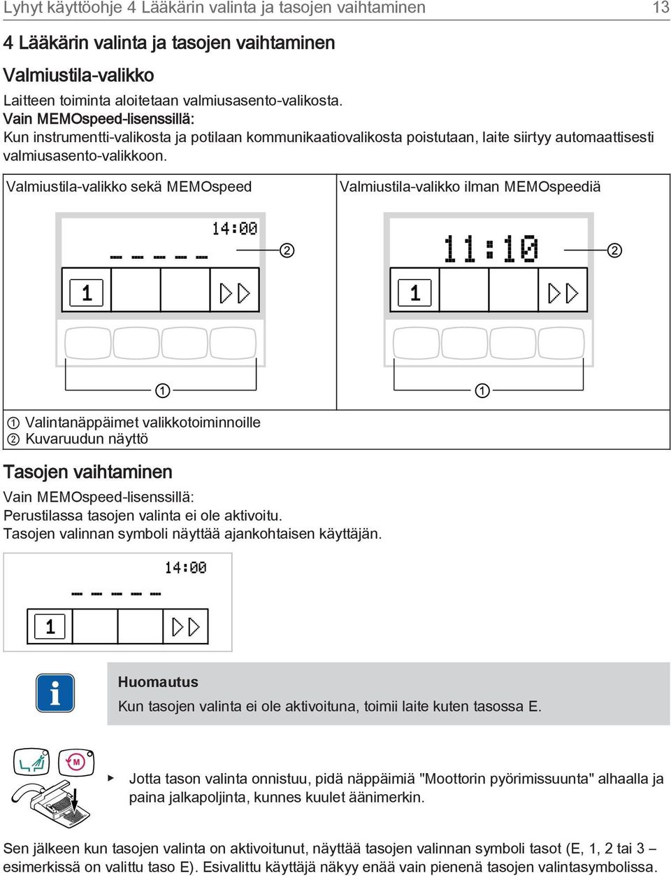 Valmiustila-valikko sekä MEMOspeed Valmiustila-valikko ilman MEMOspeediä 1 Valintanäppäimet valikkotoiminnoille 2 Kuvaruudun näyttö Tasojen vaihtaminen Vain MEMOspeed-lisenssillä: Perustilassa