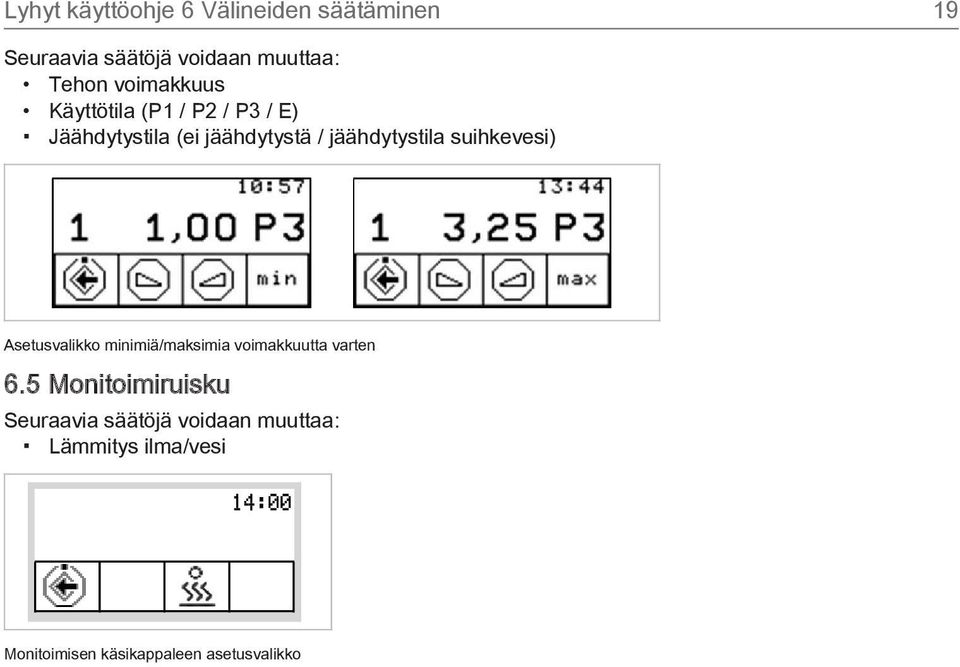 suihkevesi) Asetusvalikko minimiä/maksimia voimakkuutta varten 6.