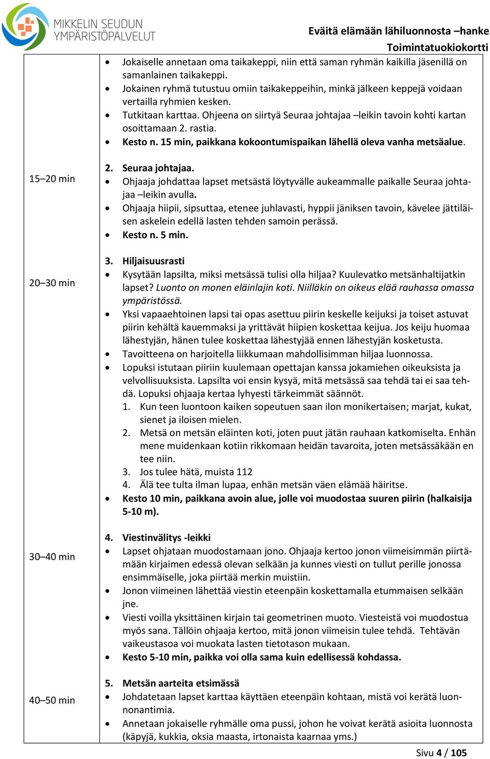 rastia. Kesto n. 15 min, paikkana kokoontumispaikan lähellä oleva vanha metsäalue. 15 20 min 20 30 min 30 40 min 40 50 min 2. Seuraa johtajaa.