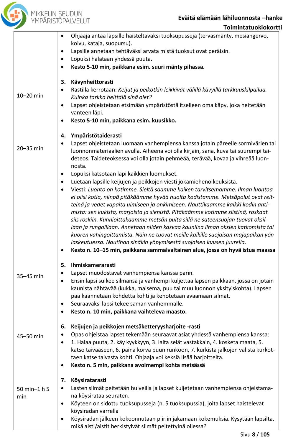 10 20 min 20 35 min 35 45 min 45 50 min 50 min 1 h 5 min 3. Kävynheittorasti Rastilla kerrotaan: Keijut ja peikotkin leikkivät välillä kävyillä tarkkuuskilpailua. Kuinka tarkka heittäjä sinä olet?