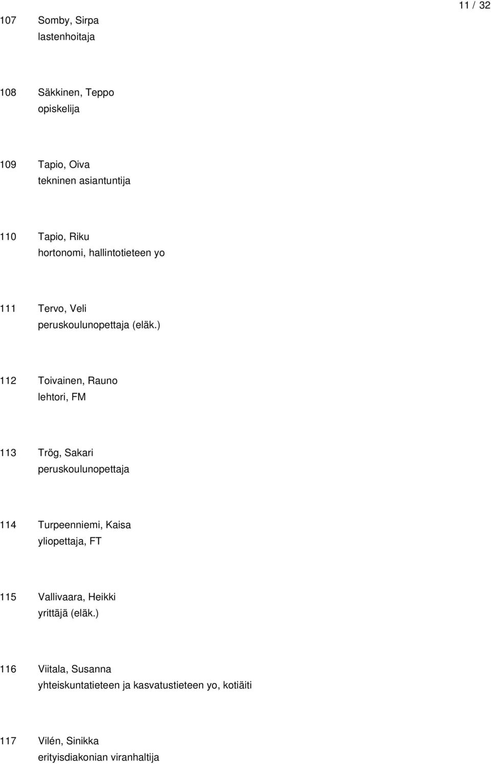 ) 112 Toivainen, Rauno lehtori, FM 113 Trög, Sakari peruskoulunopettaja 114 Turpeenniemi, Kaisa yliopettaja, FT