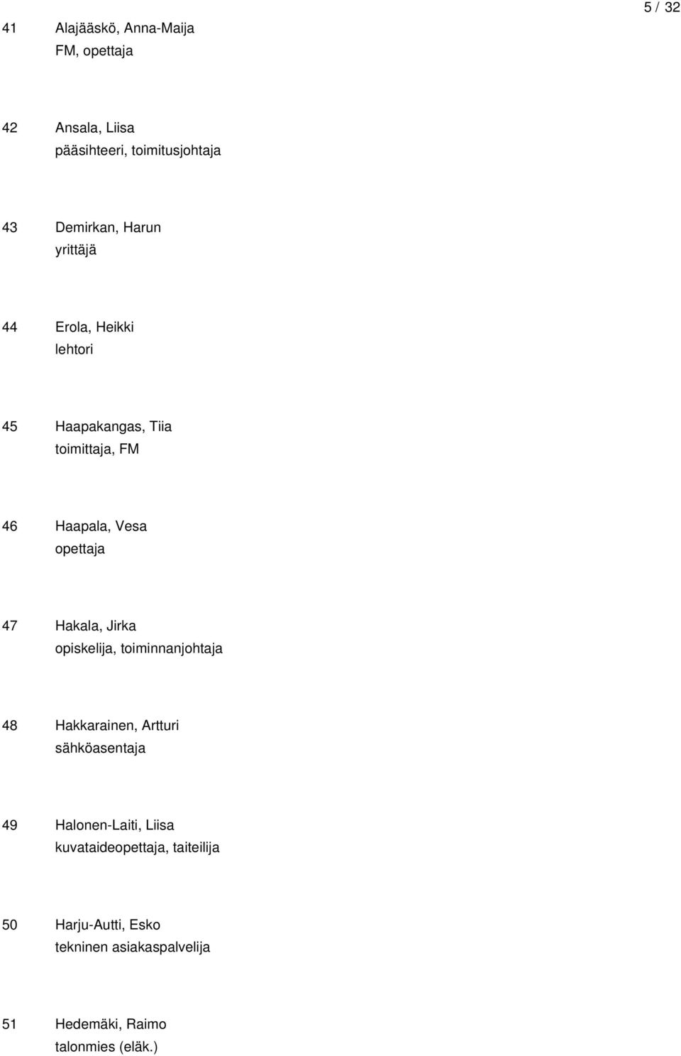 Jirka opiskelija, toiminnanjohtaja 48 Hakkarainen, Artturi sähköasentaja 49 Halonen-Laiti, Liisa