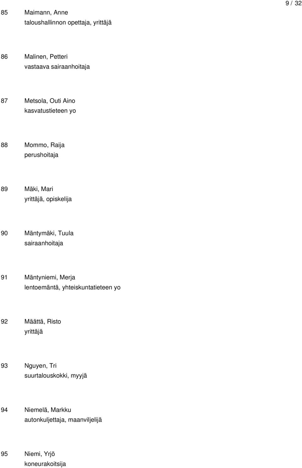 Mäntymäki, Tuula sairaanhoitaja 91 Mäntyniemi, Merja lentoemäntä, yhteiskuntatieteen yo 92 Määttä,
