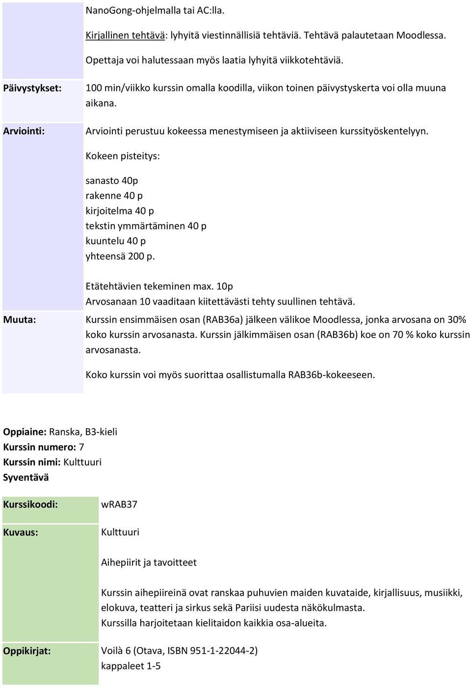 Kokeen pisteitys: sanasto 40p rakenne 40 p kirjoitelma 40 p tekstin ymmärtäminen 40 p kuuntelu 40 p yhteensä 200 p. Etätehtävien tekeminen max.