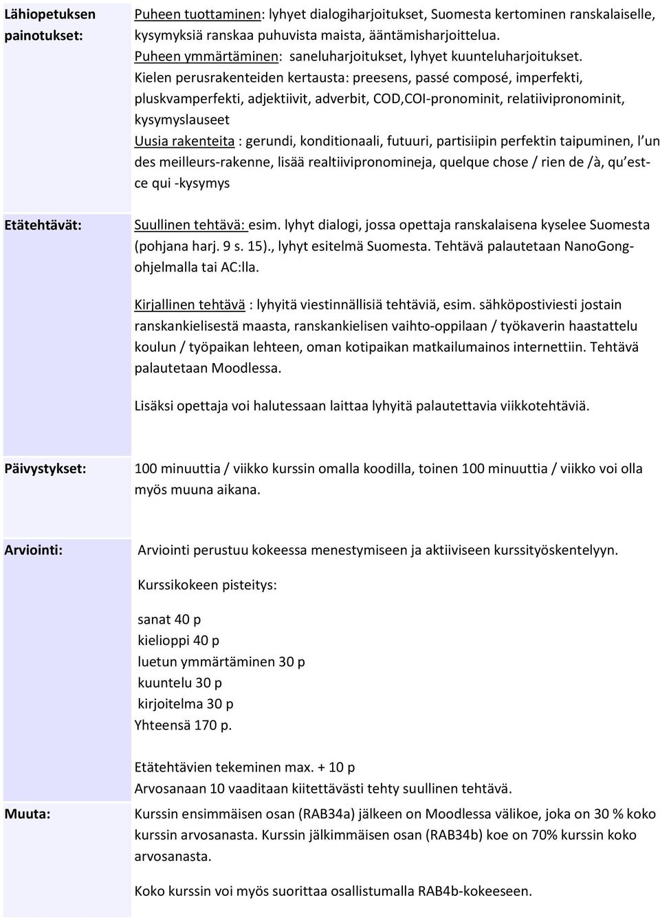 Kielen perusrakenteiden kertausta: preesens, passé composé, imperfekti, pluskvamperfekti, adjektiivit, adverbit, COD,COI-pronominit, relatiivipronominit, kysymyslauseet Uusia rakenteita : gerundi,