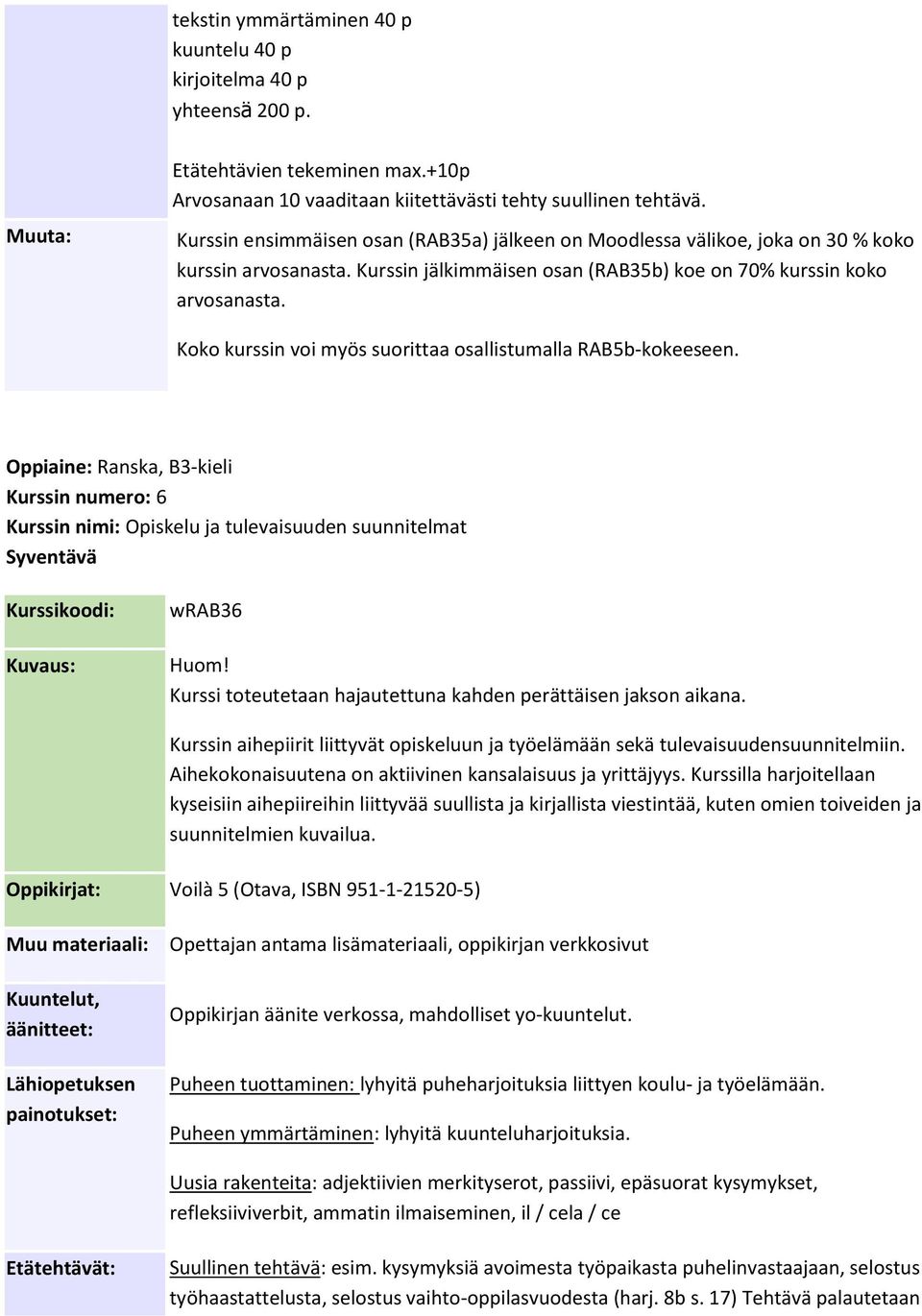 Koko kurssin voi myös suorittaa osallistumalla RAB5b-kokeeseen. Oppiaine: Ranska, B3-kieli Kurssin numero: 6 Kurssin nimi: Opiskelu ja tulevaisuuden suunnitelmat Kurssikoodi: wrab36 Huom!