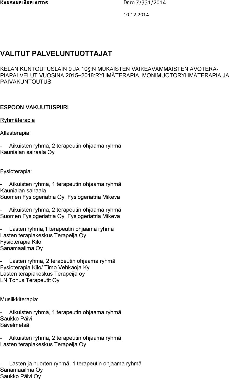 ohjaama ryhmä Suomen Fysiogeriatria Oy, Fysiogeriatria Mikeva - Lasten ryhmä,1 terapeutin ohjaama ryhmä Fysioterapia Kilo Sanamaailma Oy - Lasten ryhmä, 2 terapeutin ohjaama ryhmä Fysioterapia Kilo/