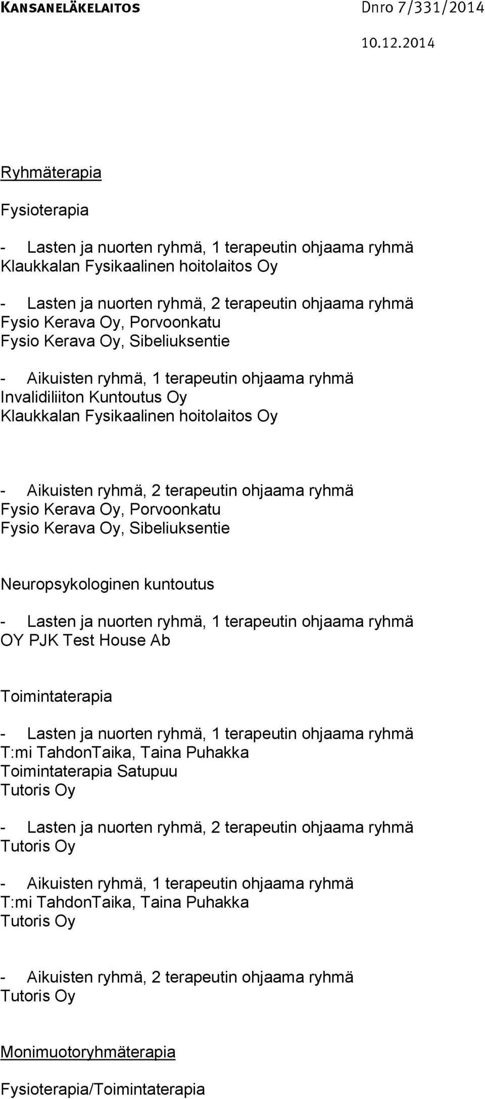 Kerava Oy, Sibeliuksentie Neuropsykologinen kuntoutus, 1 terapeutin ohjaama ryhmä OY PJK Test House Ab Toimintaterapia, 1 terapeutin ohjaama ryhmä T:mi TahdonTaika, Taina