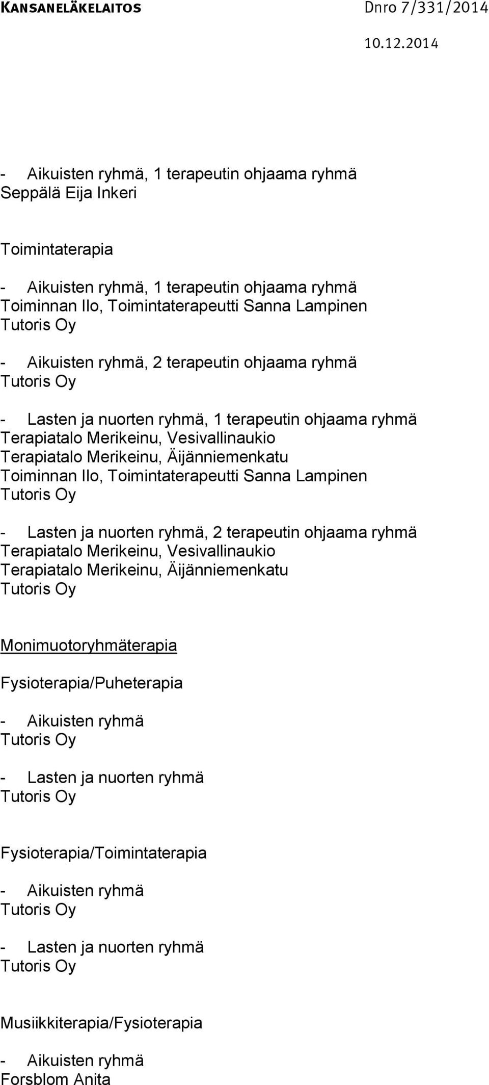 Äijänniemenkatu Toiminnan Ilo, Toimintaterapeutti Sanna Lampinen, 2 terapeutin ohjaama ryhmä Terapiatalo Merikeinu, Vesivallinaukio