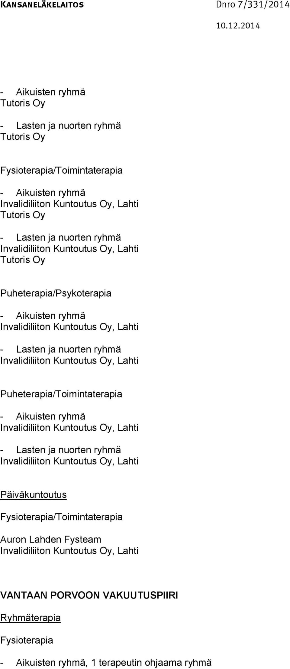 Fysioterapia/Toimintaterapia Auron Lahden Fysteam VANTAAN