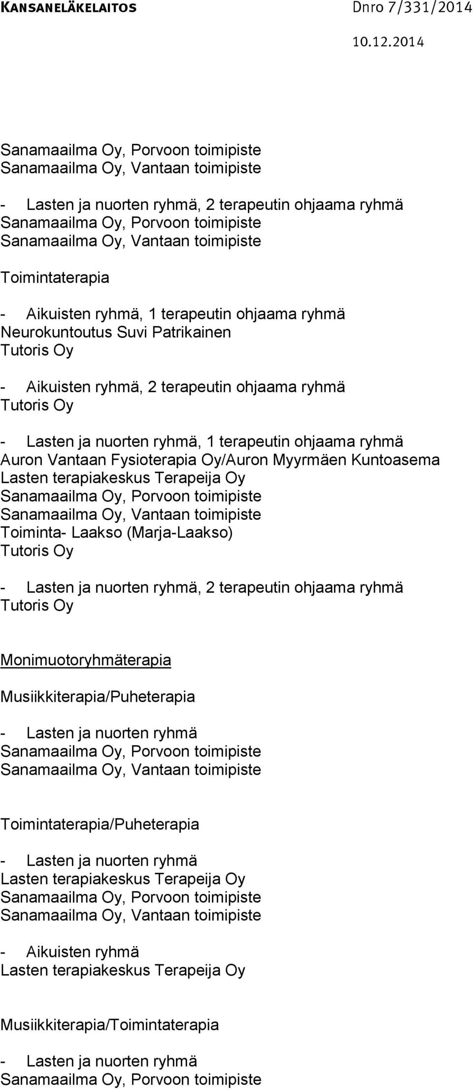 toimipiste Sanamaailma Oy, Vantaan toimipiste Toiminta- Laakso (Marja-Laakso), 2 terapeutin ohjaama ryhmä Monimuotoryhmäterapia Musiikkiterapia/Puheterapia Sanamaailma Oy, Porvoon toimipiste