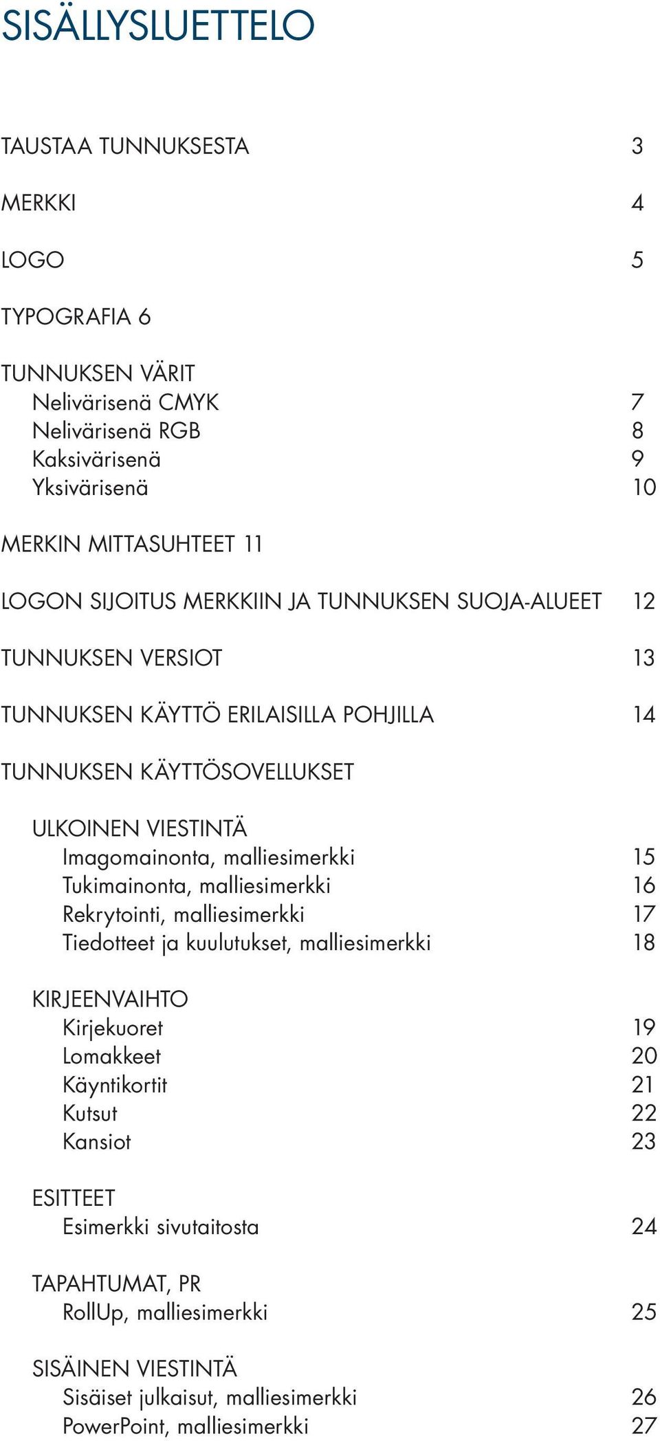 malliesimerkki 15 Tukimainonta, malliesimerkki 16 Rekrytointi, malliesimerkki 17 Tiedotteet ja kuulutukset, malliesimerkki 18 KIRJEENVAIHTO Kirjekuoret 19 Lomakkeet 20 Käyntikortit