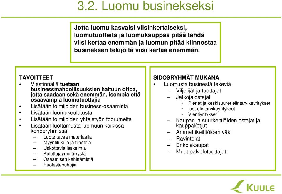 luomukoulutusta Lisätään toimijoiden yhteistyön foorumeita Lisätään luottamusta luomuun kaikissa kohderyhmissä Luotettavaa materiaalia Myyntilukuja ja tilastoja Uskottavia laskelmia