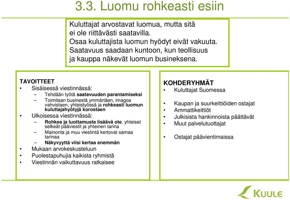 TAVOITTEET Sisäisessä viestinnässä: Tehdään työtä saatavuuden parantamiseksi Toimitaan businestä ymmärtäen, imagoa vahvistaen, yhteistyössä ja rohkeasti luomun kuluttajahyötyjä korostaen Ulkoisessa