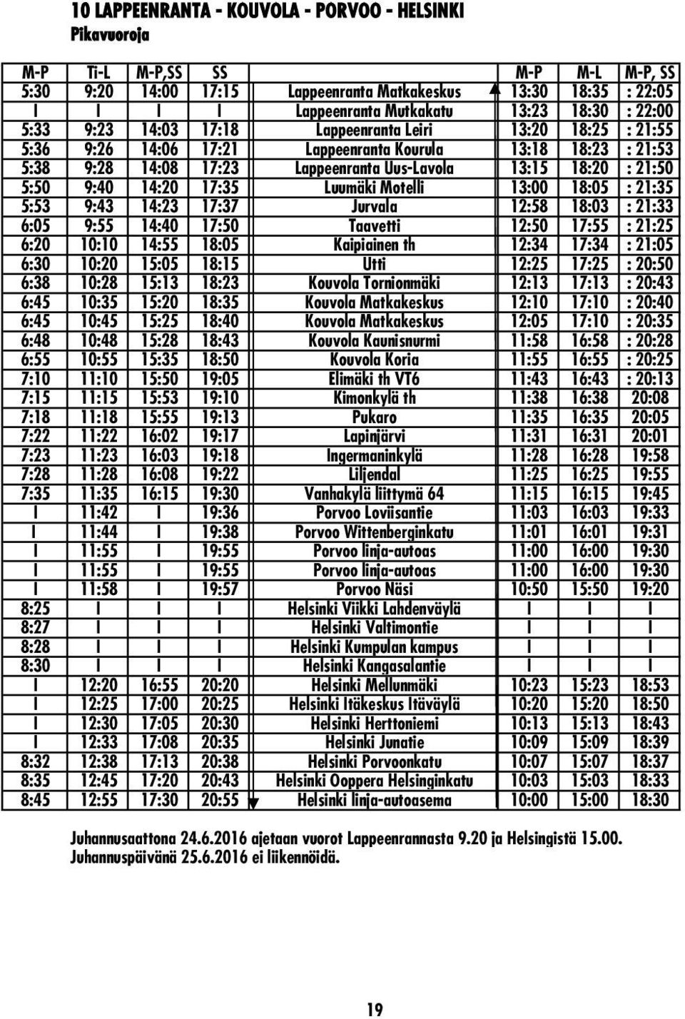 21:50 5:50 9:40 14:20 17:35 Luumäki Motelli 13:00 18:05 : 21:35 5:53 9:43 14:23 17:37 Jurvala 12:58 18:03 : 21:33 6:05 9:55 14:40 17:50 Taavetti 12:50 17:55 : 21:25 6:20 10:10 14:55 18:05 Kaipiainen