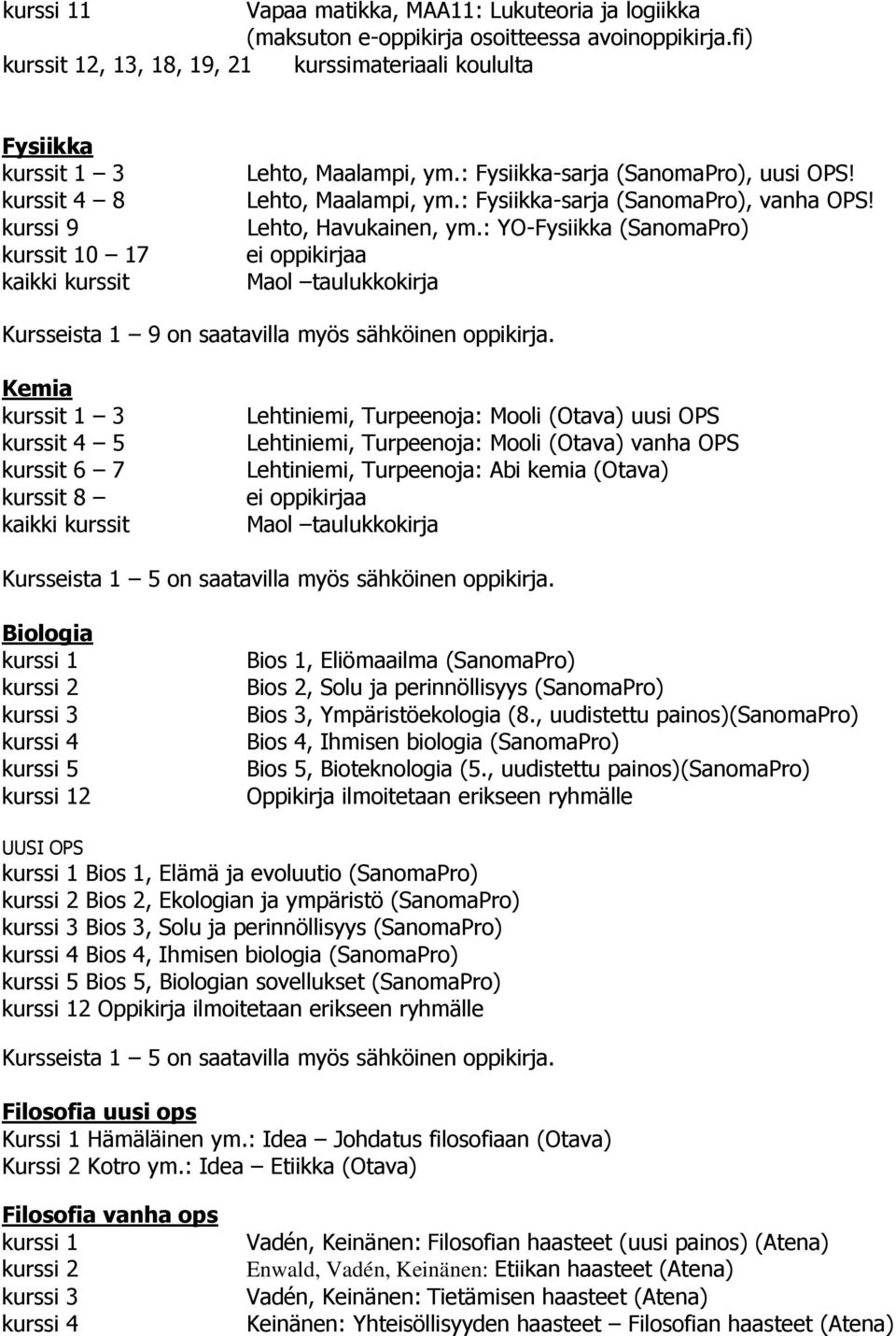 Lehto, Havukainen, ym.: YO-Fysiikka (SanomaPro) Maol taulukkokirja Kursseista 1 9 on saatavilla myös sähköinen oppikirja.