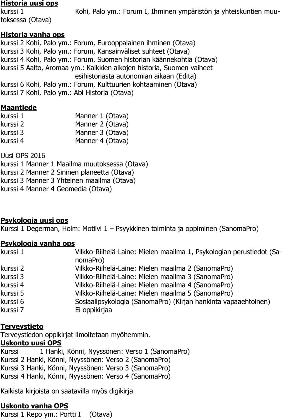 : Kaikkien aikojen historia, Suomen vaiheet esihistoriasta autonomian aikaan (Edita) kurssi 6 Kohi, Palo ym.: Forum, Kulttuurien kohtaaminen (Otava) kurssi 7 Kohi, Palo ym.