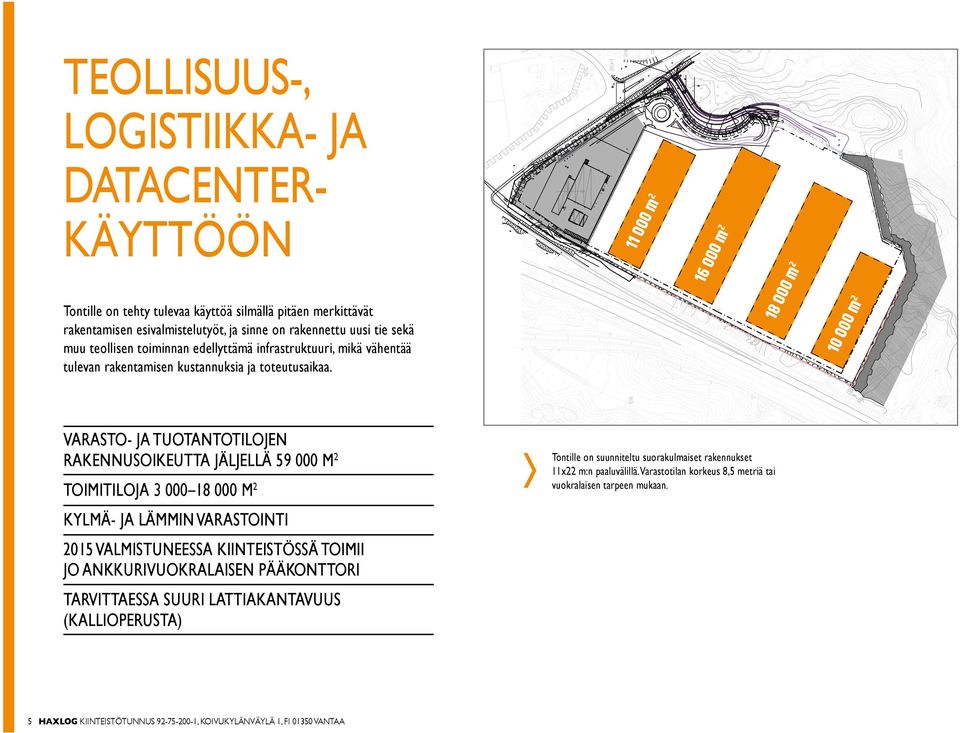 11 000 m 2 16 000 m 2 18 000 m 2 10 000 m 2 VARASTO- JA TUOTANTOTILOJEN RAKENNUSOIKEUTTA JÄLJELLÄ 59 000 M 2 TOIMITILOJA 3 000 18 000 M 2 KYLMÄ- JA LÄMMIN VARASTOINTI 2015 VALMISTUNEESSA