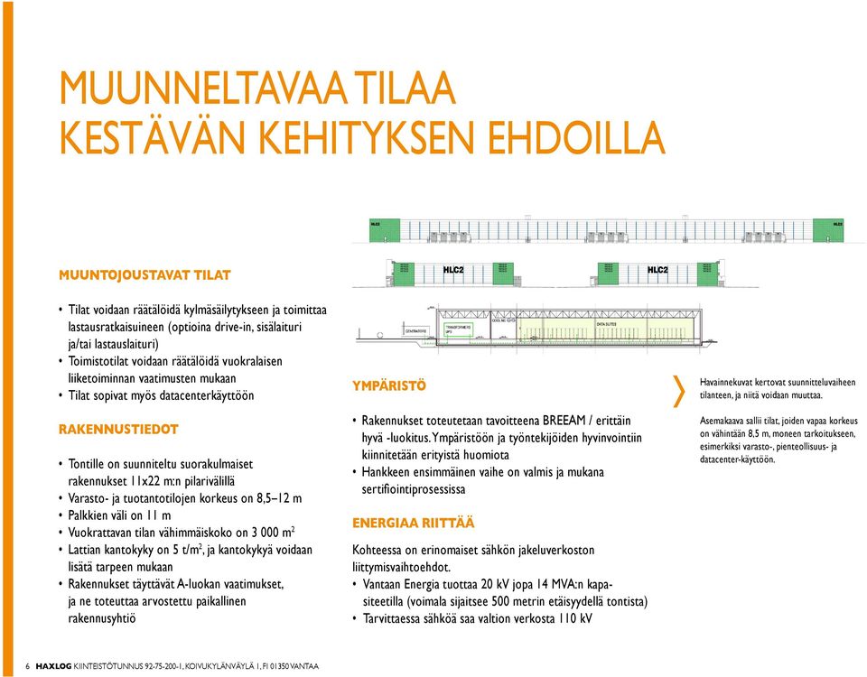 11x22 m:n pilarivälillä Varasto- ja tuotantotilojen korkeus on 8,5 12 m Palkkien väli on 11 m Vuokrattavan tilan vähimmäiskoko on 3 000 m 2 Lattian kantokyky on 5 t/m 2, ja kantokykyä voidaan lisätä