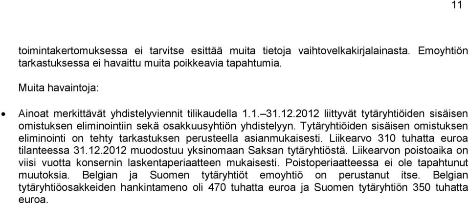 Tytäryhtiöiden sisäisen omistuksen eliminointi on tehty tarkastuksen perusteella asianmukaisesti. Liikearvo 310 tuhatta euroa tilanteessa 31.12.2012 muodostuu yksinomaan Saksan tytäryhtiöstä.