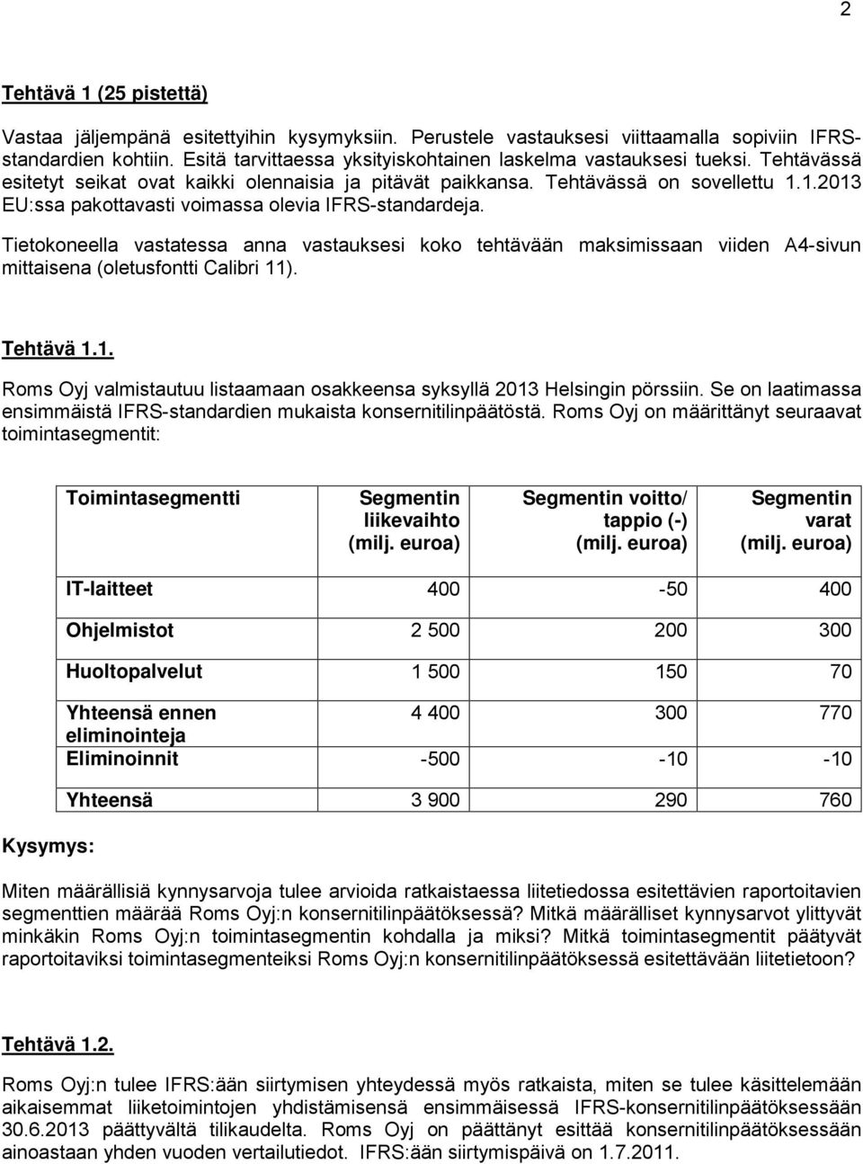 1.2013 EU:ssa pakottavasti voimassa olevia IFRS-standardeja. Tietokoneella vastatessa anna vastauksesi koko tehtävään maksimissaan viiden A4-sivun mittaisena (oletusfontti Calibri 11). Tehtävä 1.1. Roms Oyj valmistautuu listaamaan osakkeensa syksyllä 2013 Helsingin pörssiin.