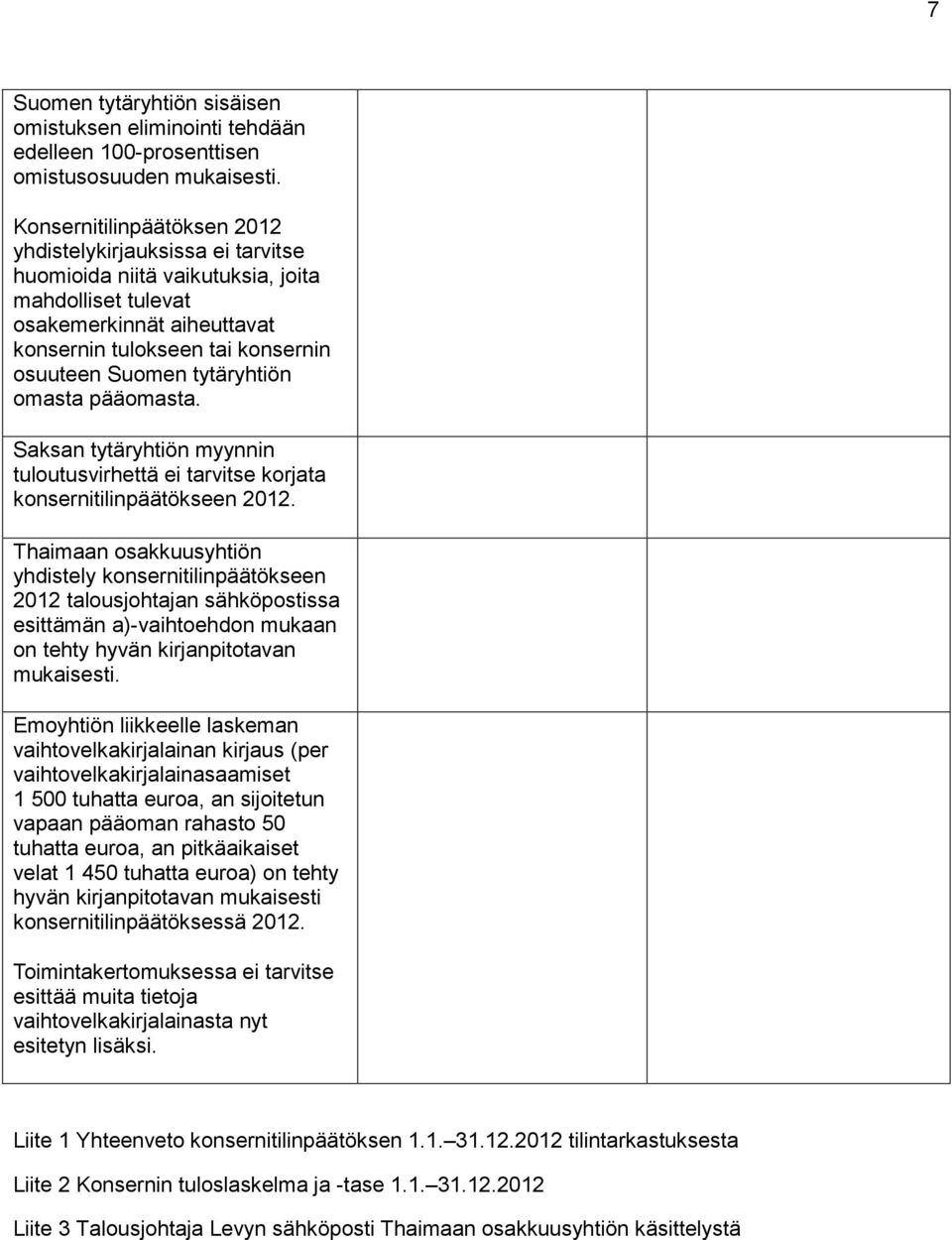 tytäryhtiön omasta pääomasta. Saksan tytäryhtiön myynnin tuloutusvirhettä ei tarvitse korjata konsernitilinpäätökseen 2012.