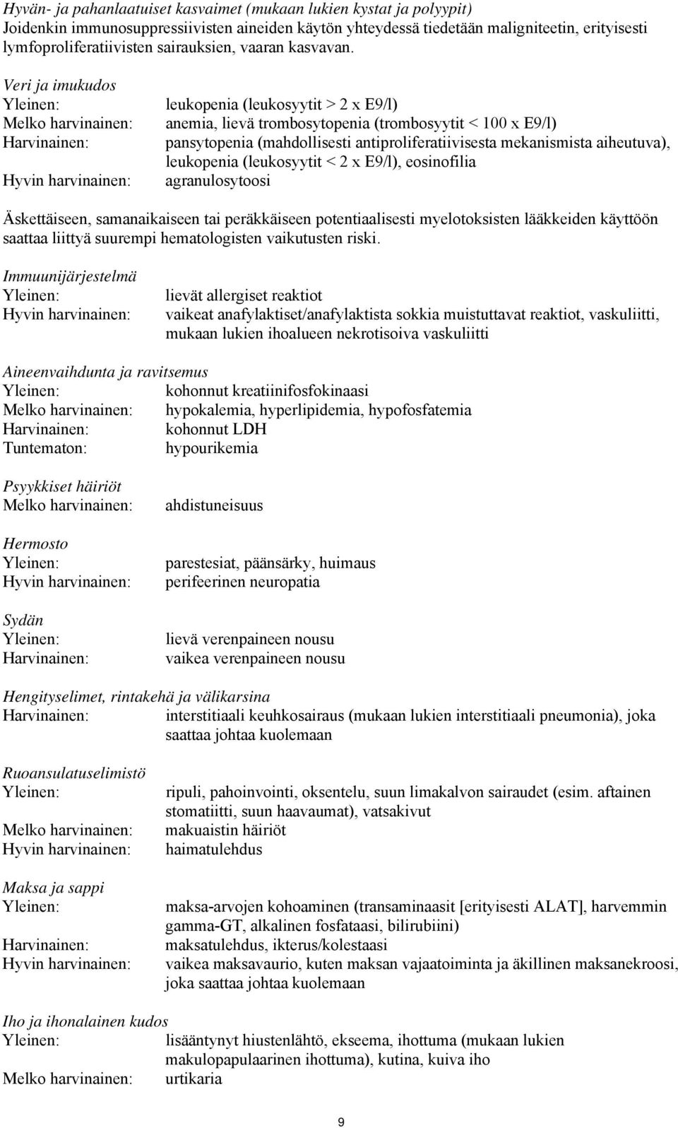 Veri ja imukudos Yleinen: Melko harvinainen: Harvinainen: Hyvin harvinainen: leukopenia (leukosyytit > 2 x E9/l) anemia, lievä trombosytopenia (trombosyytit < 100 x E9/l) pansytopenia (mahdollisesti