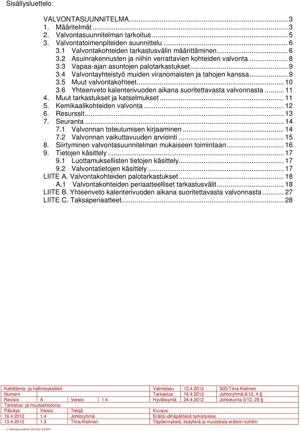 .. 10 3.6 Yhteenveto kalenterivuoden aikana suoritettavasta valvonnasta... 11 4. Muut tarkastukset ja katselmukset... 11 5. Kemikaalikohteiden valvonta... 12 6. Resurssit... 13 7. Seuranta... 14 7.