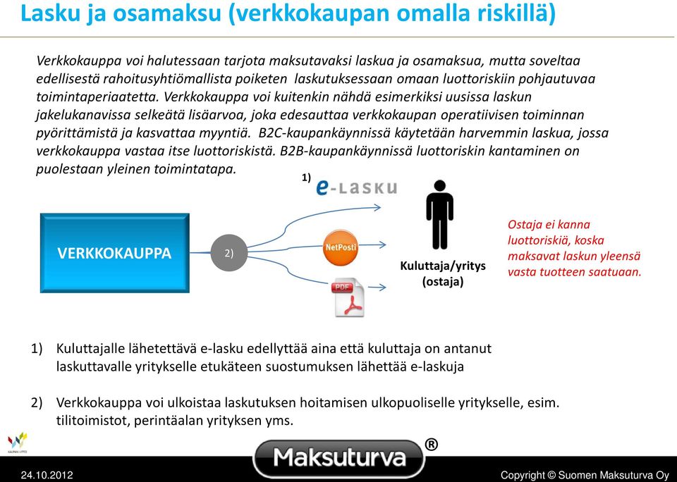 Verkkokauppa voi kuitenkin nähdä esimerkiksi uusissa laskun jakelukanavissa selkeätä lisäarvoa, joka edesauttaa verkkokaupan operatiivisen toiminnan pyörittämistä ja kasvattaa myyntiä.