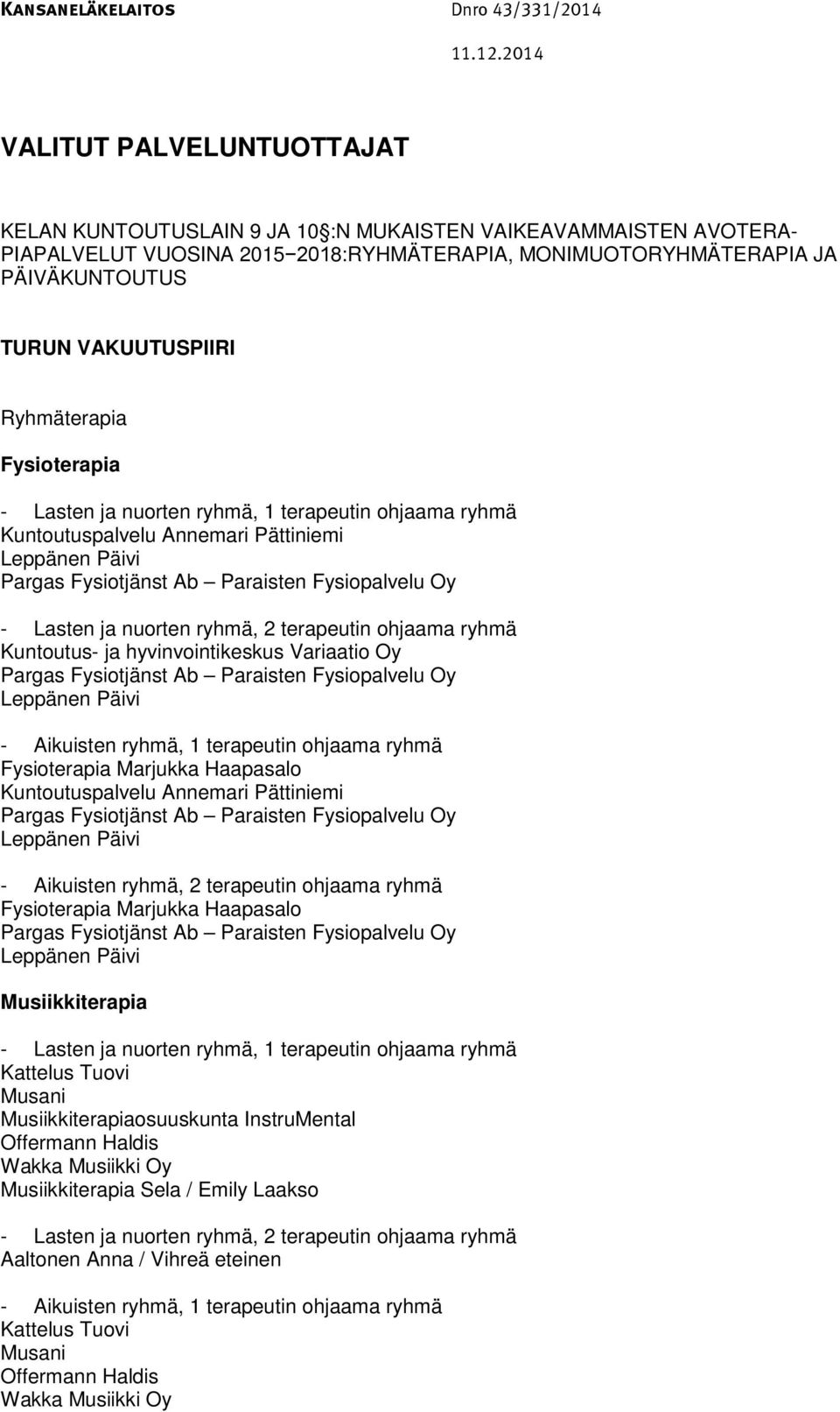 Fysioterapia Marjukka Haapasalo Kuntoutuspalvelu Annemari Pättiniemi Leppänen Päivi Fysioterapia Marjukka Haapasalo Leppänen Päivi Musiikkiterapia, 1 terapeutin ohjaama ryhmä Kattelus Tuovi Musani