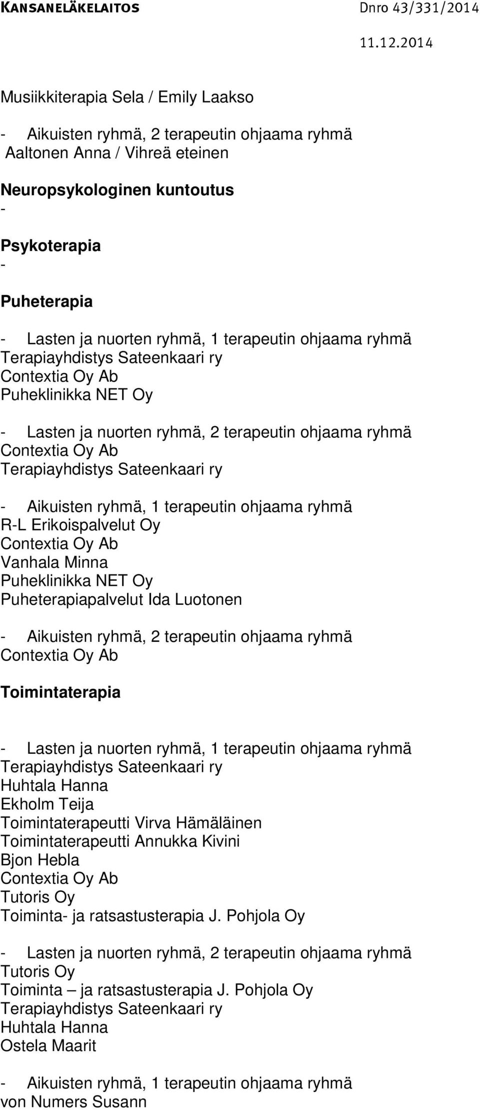 Toimintaterapia, 1 terapeutin ohjaama ryhmä Huhtala Hanna Ekholm Teija Toimintaterapeutti Virva Hämäläinen Toimintaterapeutti Annukka Kivini Bjon