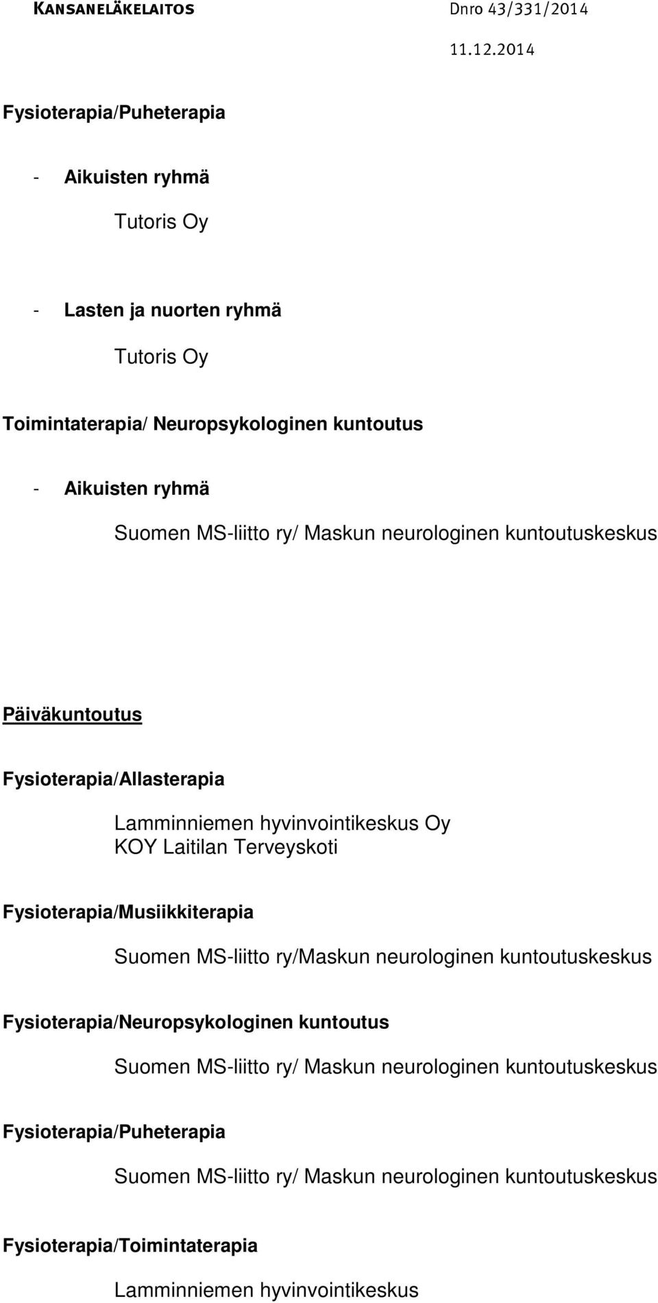 Suomen MS-liitto ry/maskun neurologinen kuntoutuskeskus Fysioterapia/Neuropsykologinen