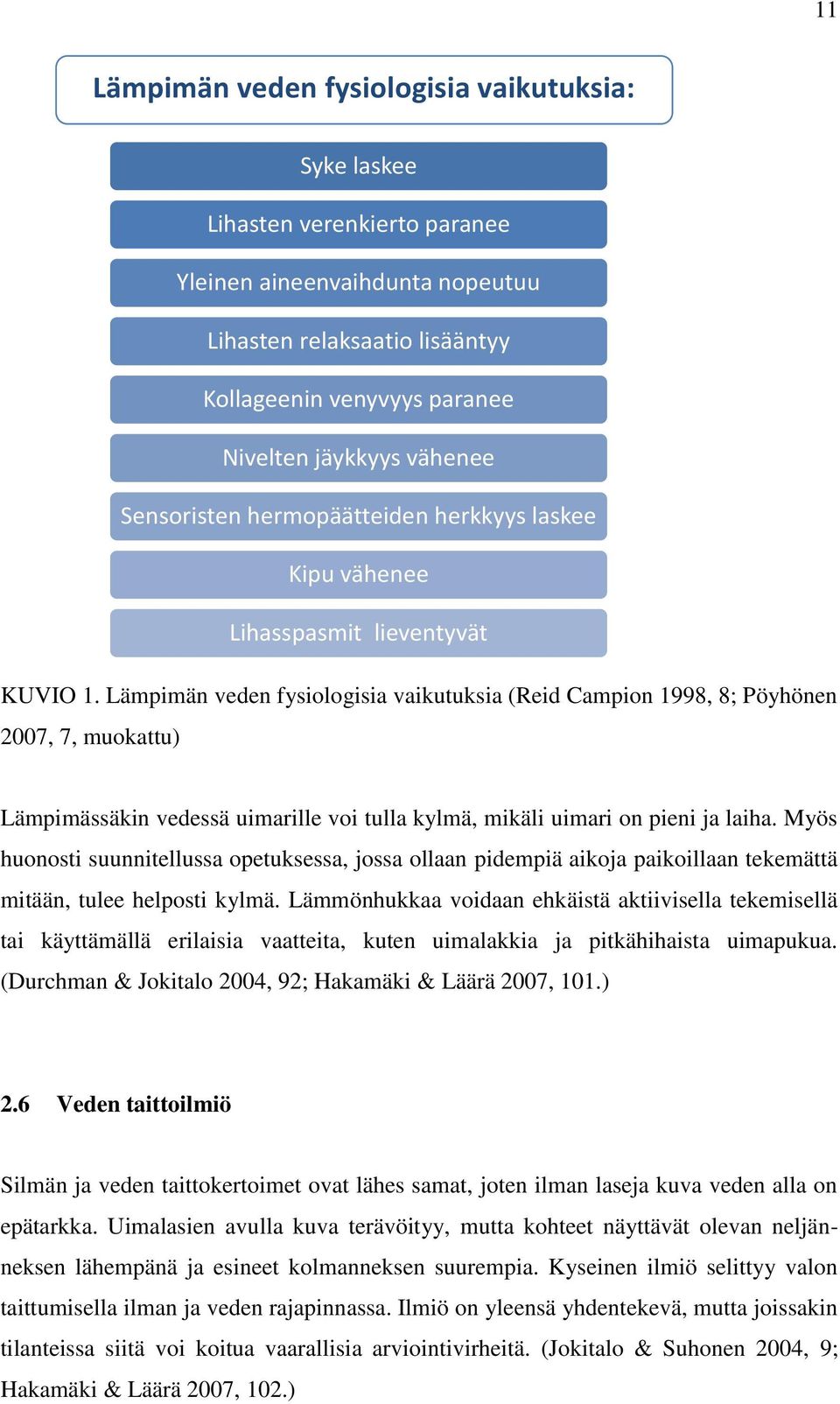 Lämpimän veden fysiologisia vaikutuksia (Reid Campion 1998, 8; Pöyhönen 2007, 7, muokattu) Lämpimässäkin vedessä uimarille voi tulla kylmä, mikäli uimari on pieni ja laiha.